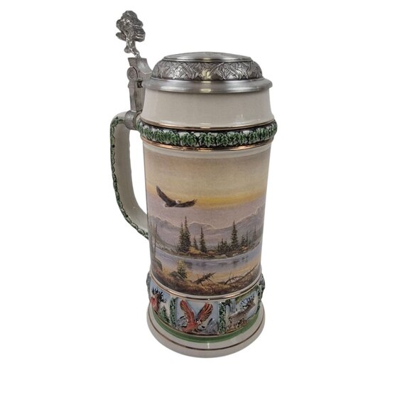 Domex Beer Stein Pewter Flip Lid Stoneware Body Eagles Gold Trim Vintage - Picture 4 of 7
